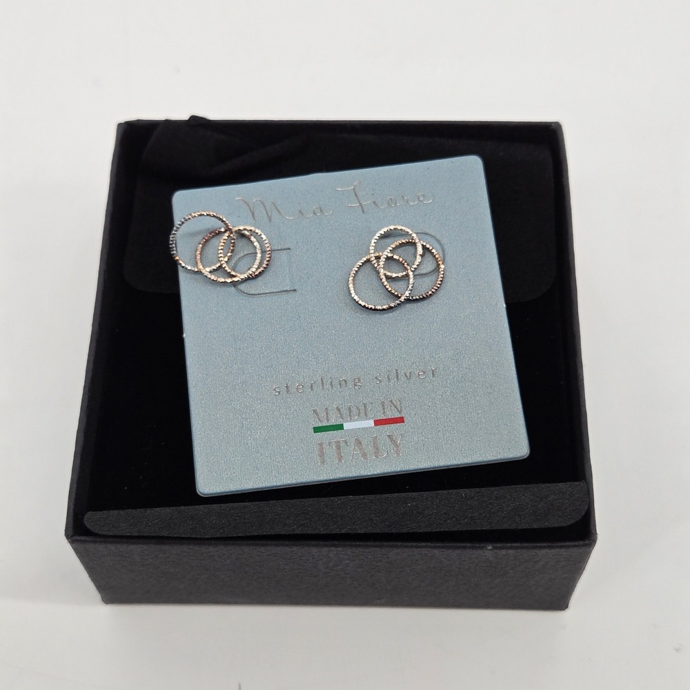 Mia Fiore Sterling Silver Interlocking Circle Stud Earrings Tri Color Italy New